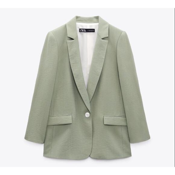 Zara Womens Small Single Button Flowy Blazer Khaki Green Oversized Office Career - Picture 3 of 11